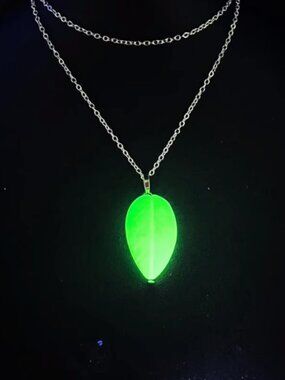 Handmade Uranium Glass Blue-Green Leaf Pendant Necklace With Reclaimed Bead UV